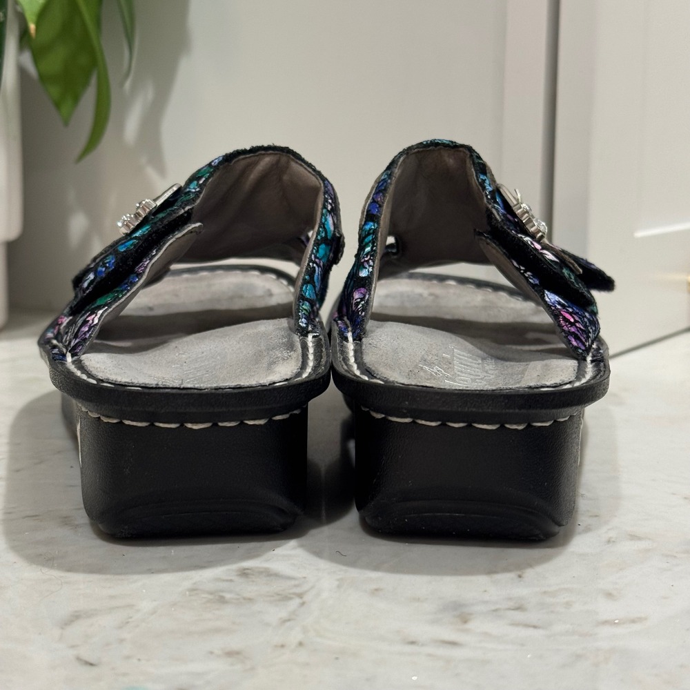 Alegria Peggy Sandals Size 38 Black Purple Floral Leather Slides Comfort Buckle - Picture 5 of 9